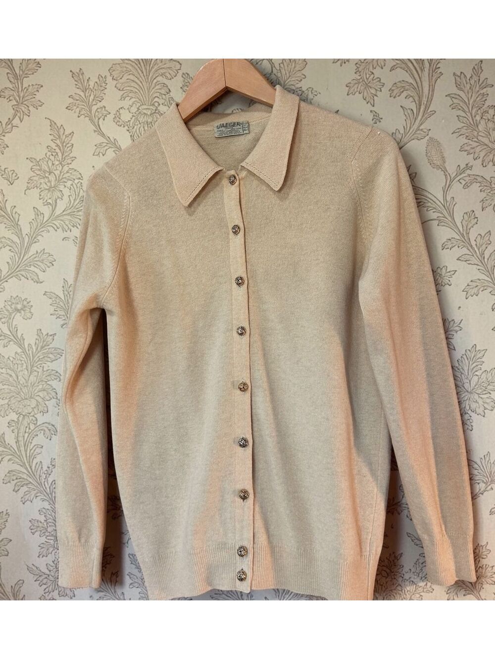 VTG 1970s Jaeger Lambswool Cardigan Dagger Rose Buttons Great Britain Cream M